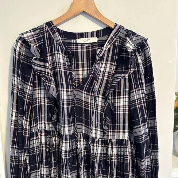 LOFT Blue Pink Plaid Long Sleeve Mini Dress XS - Picture 8 of 9